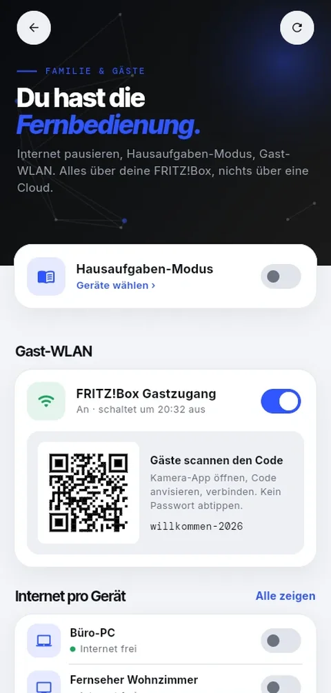 Familie und Gäste: Gast-WLAN per QR-Code, Internet je Gerät pausieren