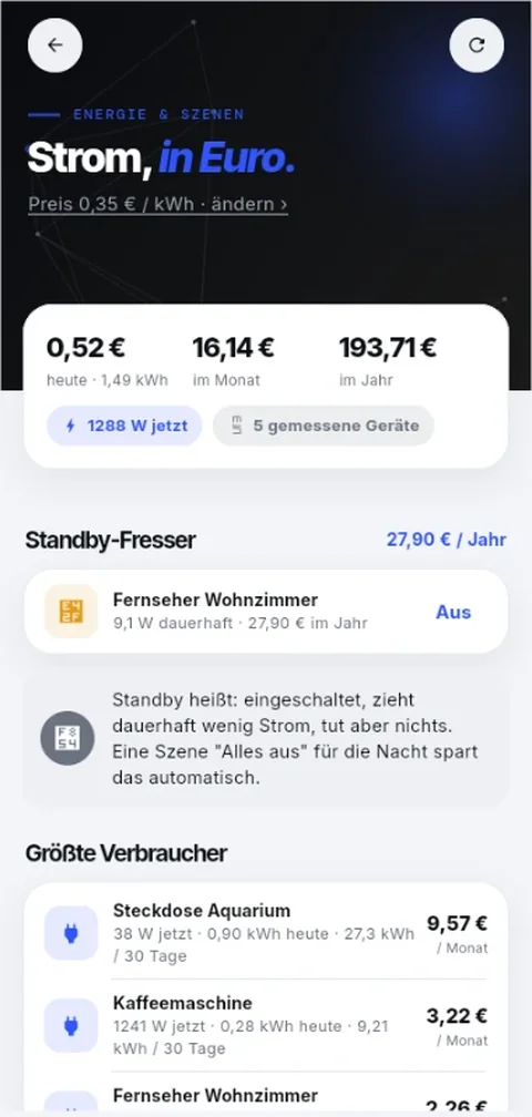 Energie: Stromkosten in Euro, größte Verbraucher, Standby-Fresser, Szenen