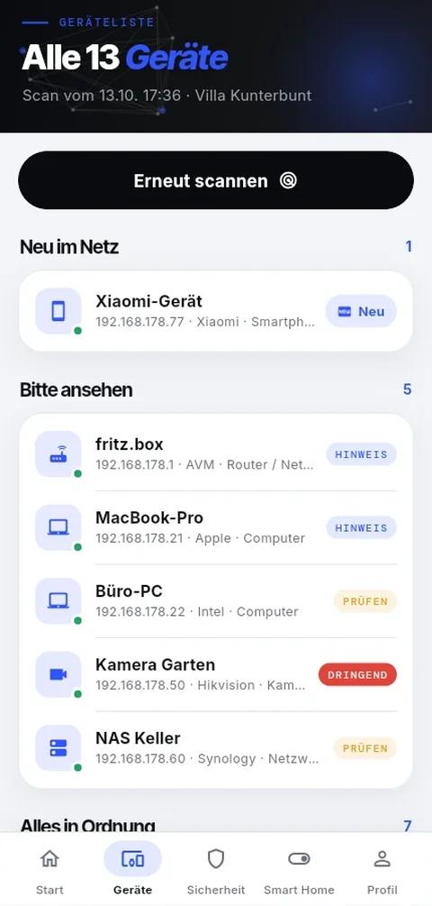 Geräteliste: 13 Geräte, neu im Netz, bitte ansehen