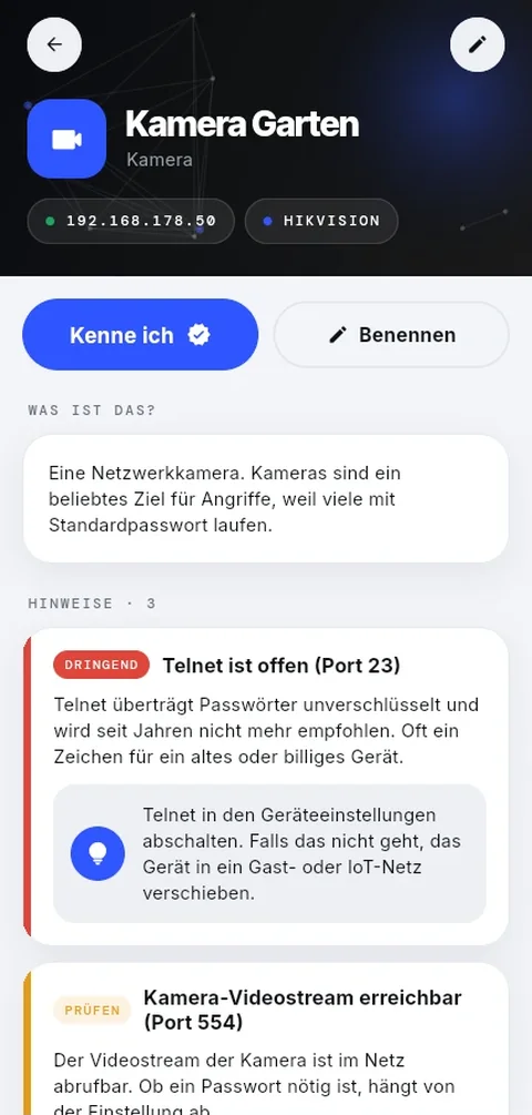 Gerätedetails Kamera: Telnet offen, Videostream erreichbar, Anleitung