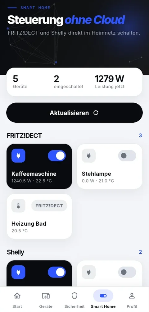 Smart Home: FRITZ!DECT und Shelly ohne Cloud schalten, Leistung live