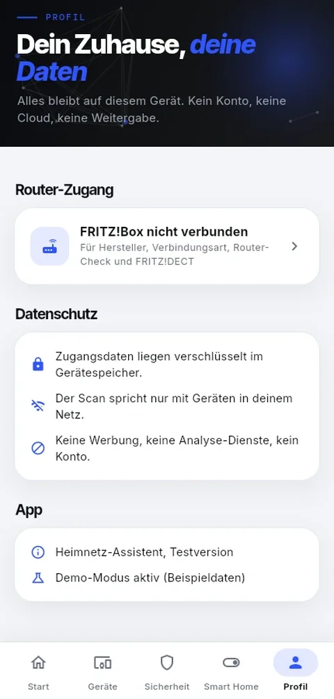 Profil: Alles bleibt auf diesem Gerät, kein Konto, keine Cloud