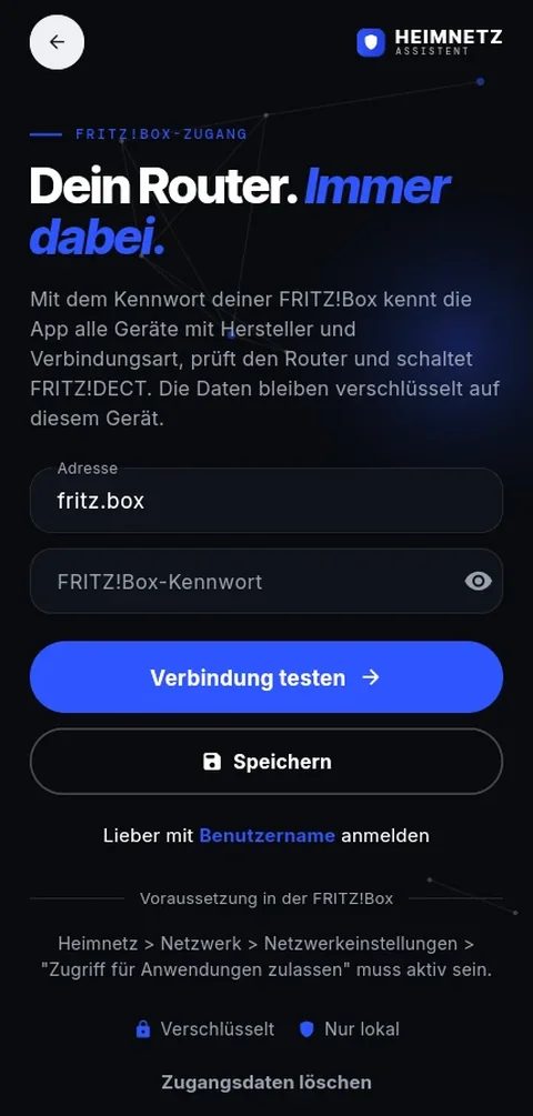 FRITZ!Box-Zugang: Zugangsdaten bleiben verschlüsselt auf dem Gerät